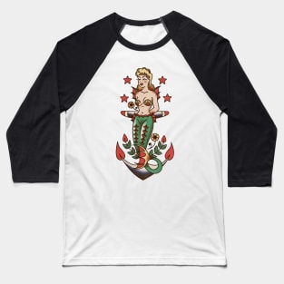 American Traditional Nautical Mermaid and Anchor Baseball T-Shirt